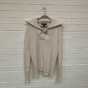 LRL Ribbed Knit Cream Pullover Collared Sweater